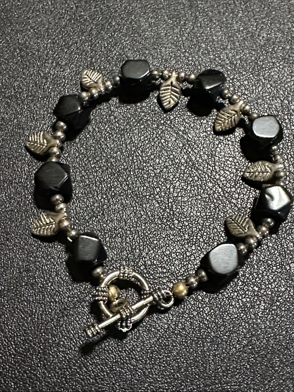 Black Glass & Silver Tone Leaves Toggle Clasp Bracelet